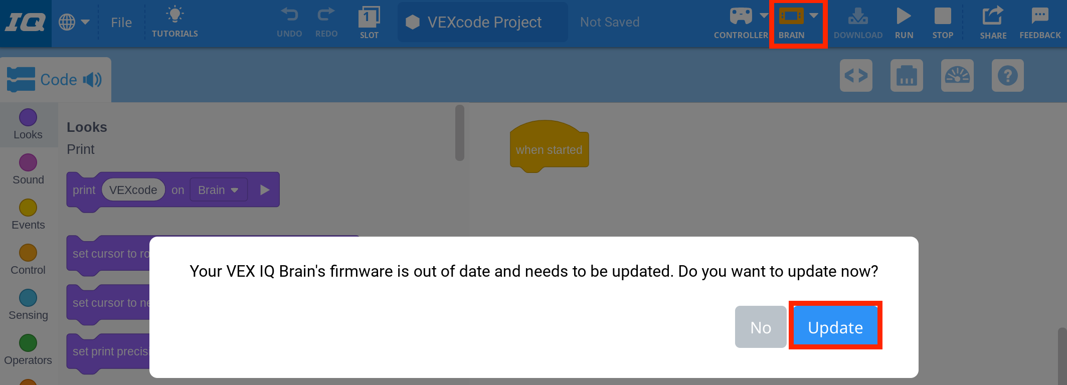Prompt Firmware VEXcode IQ Kedaluwarsa dengan pesan yang berbunyi Firmware Pengendali VEX IQ Anda kedaluwarsa dan perlu diperbarui. Apakah Anda ingin memperbarui sekarang? Ada dua tombol di bawah, satu bertuliskan Tidak dan lainnya bertuliskan Perbarui. Tombol Perbarui disorot.