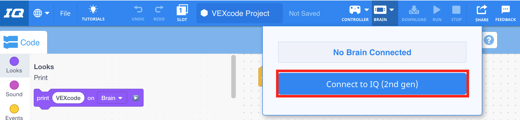 VEXcode IQ dengan menu tarik-turun Brain terbuka dan tombol Connect to IQ (generasi ke-2) disorot.