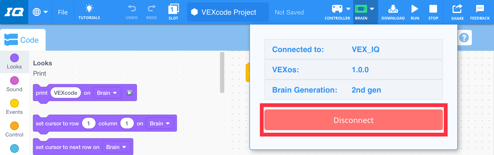 VEXcode IQ mit geöffnetem Brain-Dropdown-Menü. Im Menü wird ein verbundenes Gehirn angezeigt, und die Schaltfläche „Trennen“ ist hervorgehoben.