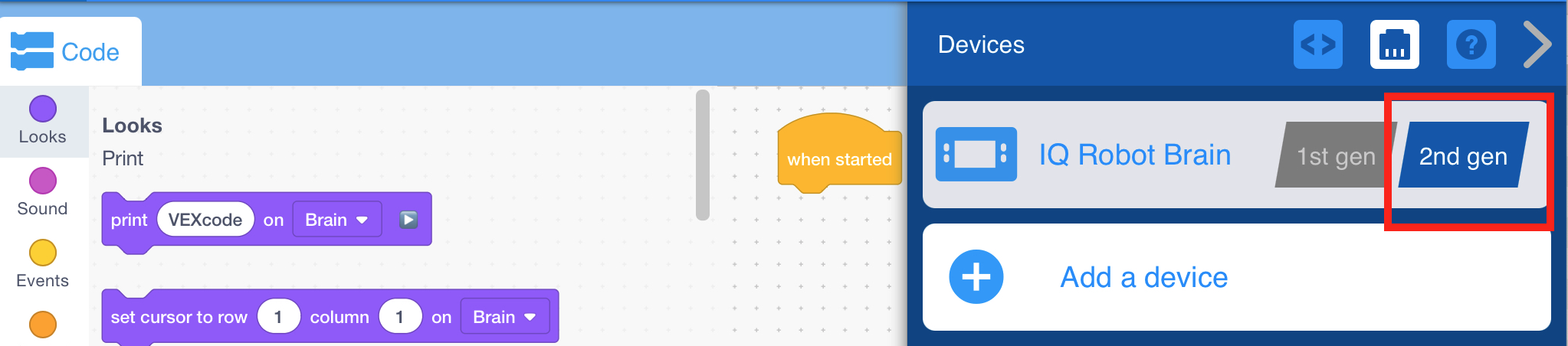 Menú de dispositivos IQ de VEXcode con la configuración de generación de cerebro robótico IQ mostrada. Esta configuración está establecida en la opción de 2.ª generación y está resaltada.