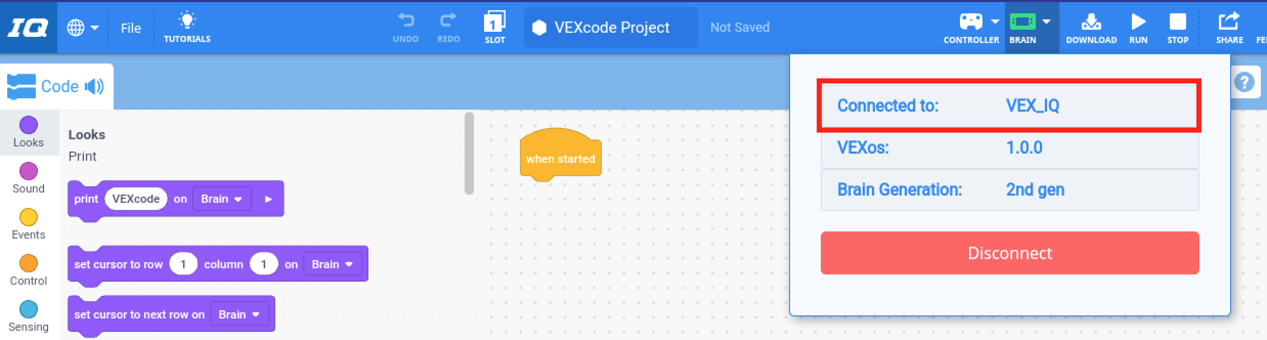 VEXcode IQ dengan menu tarik-turun Otak dibuka setelah Otak terhubung. Nama Brain disorot dan generasinya terbaca gen ke-2.