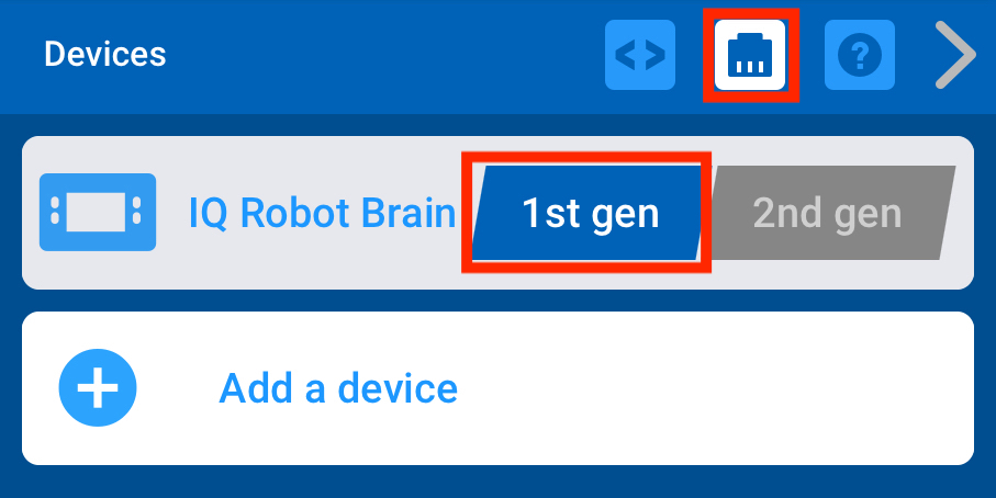 VEXcode IQ -laitteet -valikko, jossa näkyy IQ-robotin aivojen luontiasetus. Tämä asetus on asetettu ensimmäisen sukupolven asetukseksi ja se on korostettu.