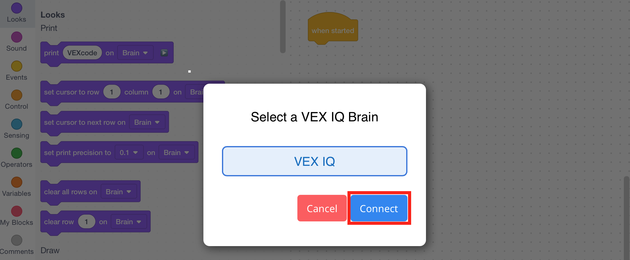 VEXcode IQ Selecteer een VEX IQ Brain-prompt met een lijst met IQ Brains waarmee u verbinding kunt maken. Het onderdeel 'Brain' is geselecteerd en de knop 'Verbinden' hieronder is gemarkeerd.