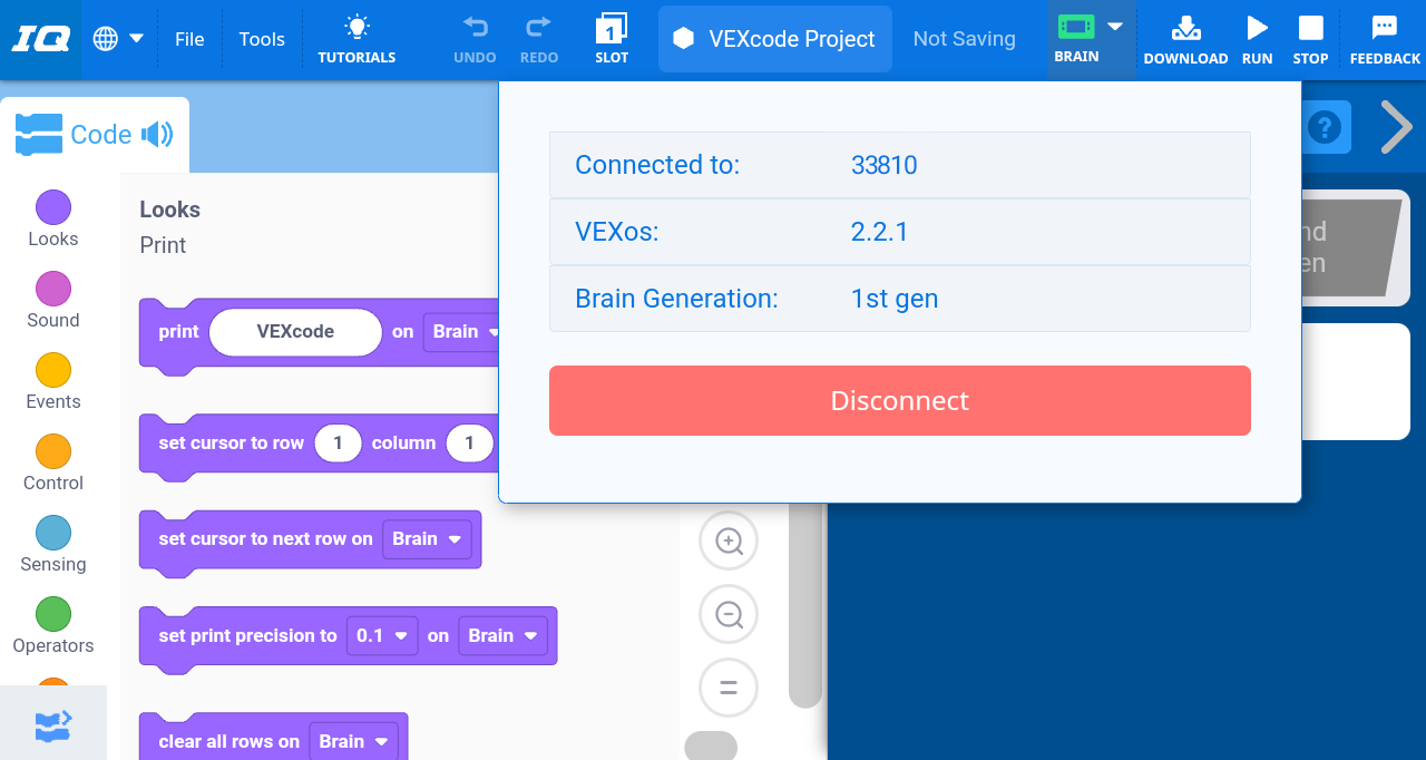 Мидың сәтті қосылғанын көрсететін жасыл Ми белгішесі бар VEXcode IQ құралдар тақтасы.