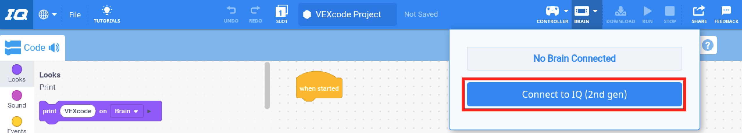 VEXcode IQ с открытым раскрывающимся меню «Мозг» и выделенной кнопкой «Подключиться к IQ (2-го поколения)».