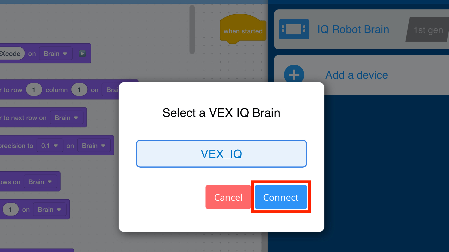 VEXcode IQ Seleccione un indicador de VEX IQ Brain que tenga una lista de IQ Brains a los que conectarse. Se ha seleccionado el Cerebro y se resalta el botón Conectar a continuación.