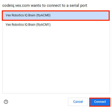 Jendela koneksi browser, dengan item dengan nomor ID ACM0 dipilih dan disorot. Di bawah, tombol Hubungkan disorot.
