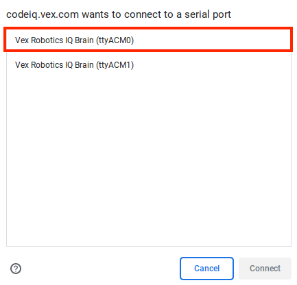 Browser-Verbindungsfenster mit zwei Einträgen namens „VEX Robotics IQ Brain“. Ein Element hat die ID-Nummer ACM0, das andere die ID-Nummer ACM1; das Element mit der ID-Nummer ACM0 ist hervorgehoben.