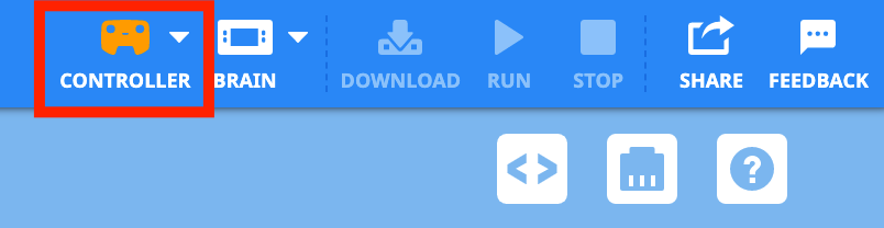 Barra de herramientas VEXcode IQ con un ícono de controlador naranja resaltado a la izquierda del ícono del cerebro.