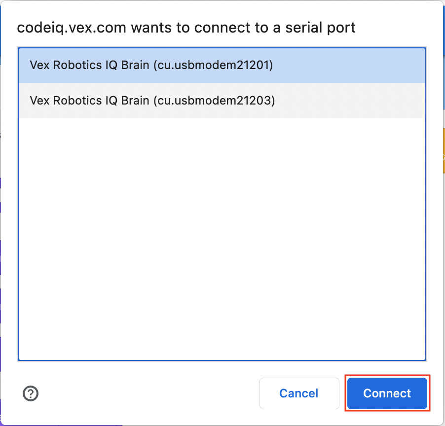 Finestra di connessione del browser, con selezionato l'elemento con numero ID 21201. In basso è evidenziato il pulsante Connetti.
