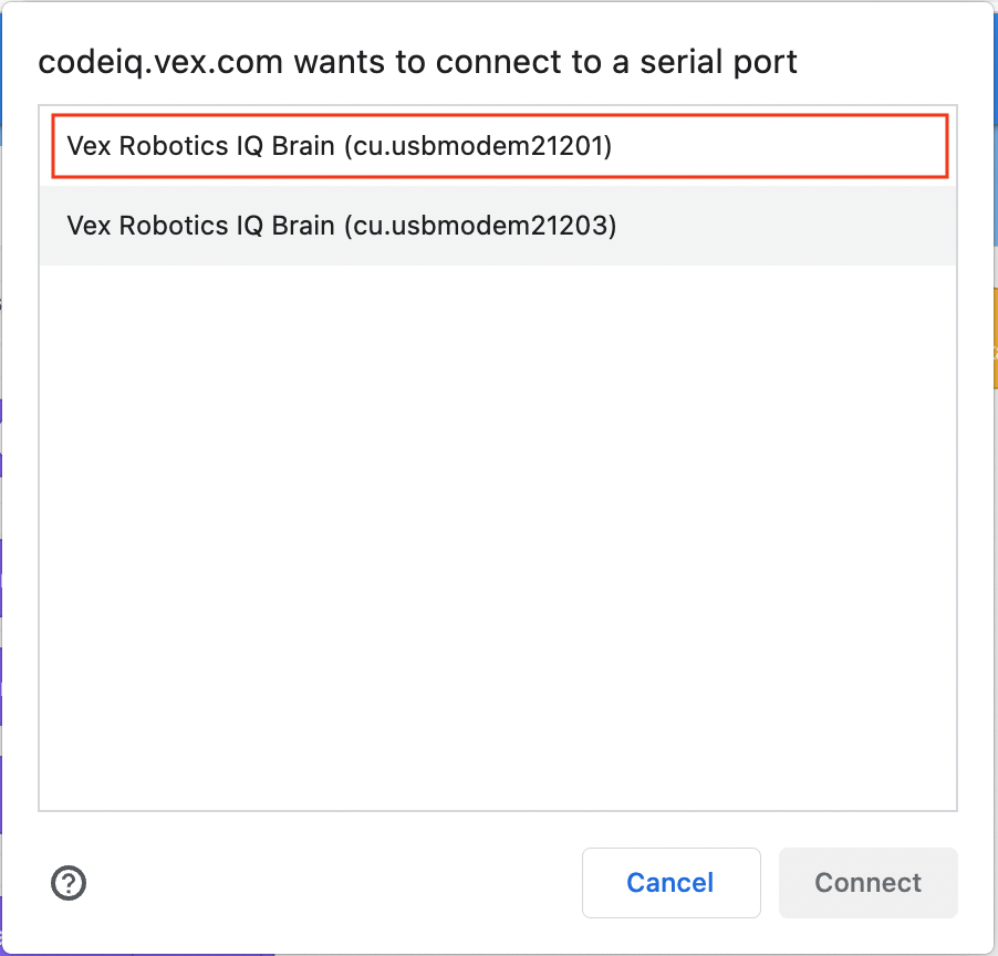 Ventana de conexión del navegador, con dos ítems titulados VEX Robotics IQ Brain. Un artículo tiene un número de identificación de 21201 y el otro es 21203, el artículo con el ID de 21201 está resaltado.