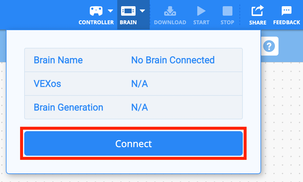 VEXcode IQ với menu thả xuống Brain được mở và nút Connect được tô sáng.