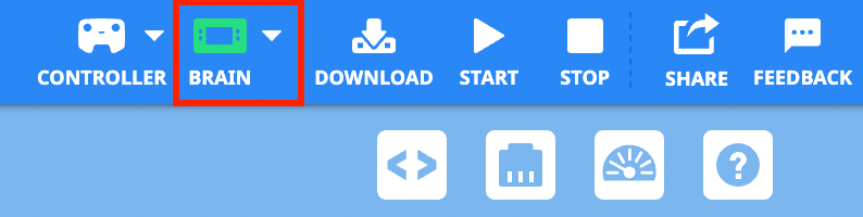 VEXcode IQ Toolbar mit hervorgehobenem grünen Gehirn-Symbol, was darauf hinweist, dass das Gehirn verbunden ist.