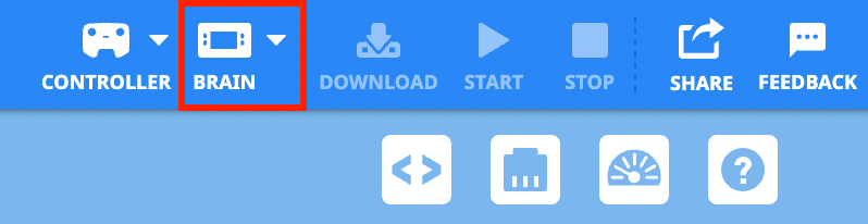 แถบเครื่องมือ VEXcode IQ พร้อมไอคอน Brain ที่เน้นไว้ระหว่างไอคอน Controller และ Download