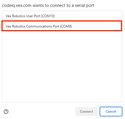Cửa sổ kết nối trình duyệt có hai mục được liệt kê. Mục đầu tiên ghi là Cổng người dùng Vex Robotics và mục thứ hai ghi là Cổng truyền thông Vex Robotics. Mục có tiêu đề Cổng truyền thông Vex Robotics được đánh dấu.
