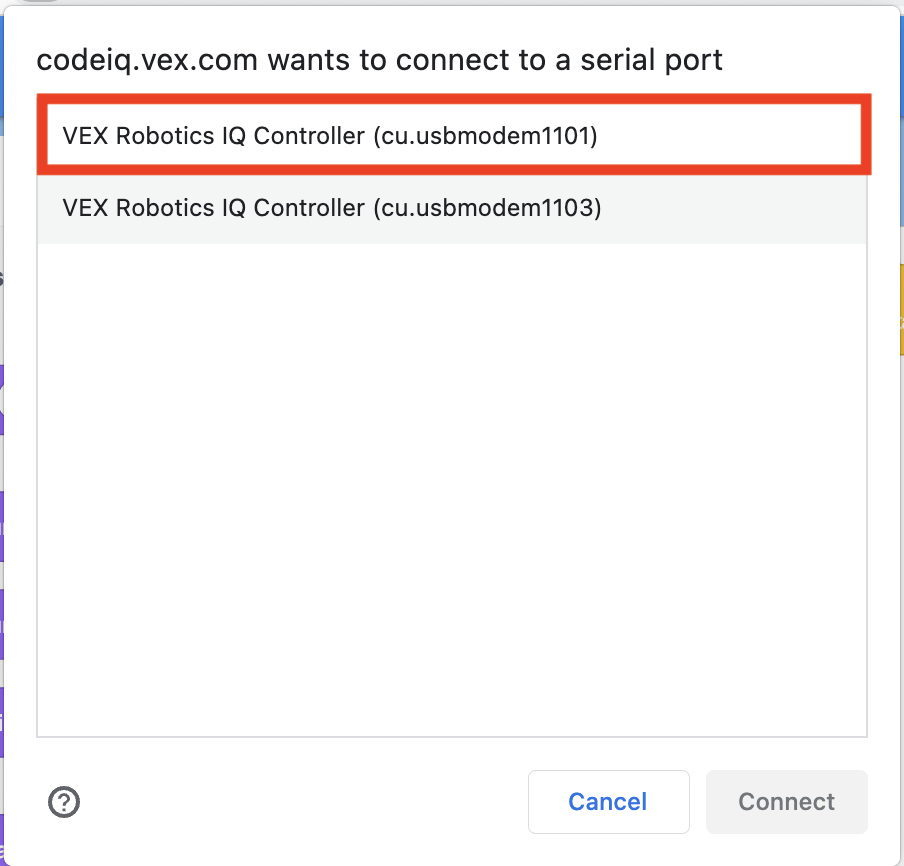 Janela de ligação do browser, com dois itens intitulados "VEX Robotics IQ Controller". Um dos itens tem o número de identificação 1101 e o outro, o 1103; o item com o número de identificação 1101 está destacado.