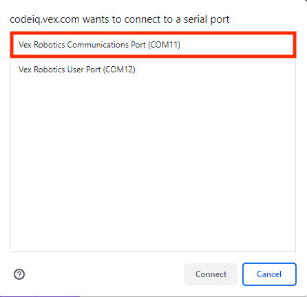 Janela de ligação do browser com dois itens listados. O primeiro item diz "Porta de Comunicação da Vex Robotics" e o segundo diz "Porta de Utilizador da Vex Robotics". O item intitulado "Porta de Comunicação Vex Robotics" está destacado.