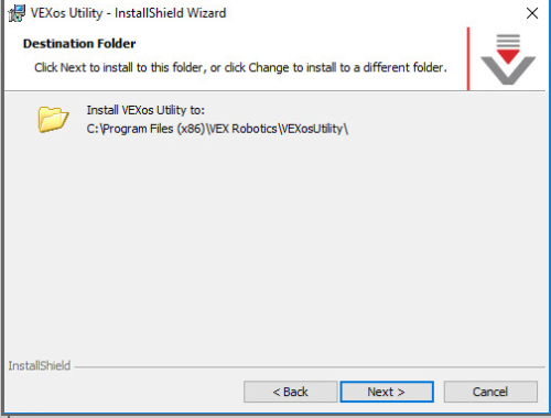 Het venster VEXos Utility Setup Wizard bevat de tekst Doelmap. Klik op Volgende om in deze map te installeren of klik op Wijzigen om in een andere map te installeren.