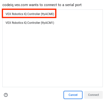 Janela de ligação do browser, com dois itens intitulados "VEX Robotics IQ Controller". Um artigo tem o número de identificação ACM0 e o outro, ACM1. O item com o ID ACM0 está destacado.
