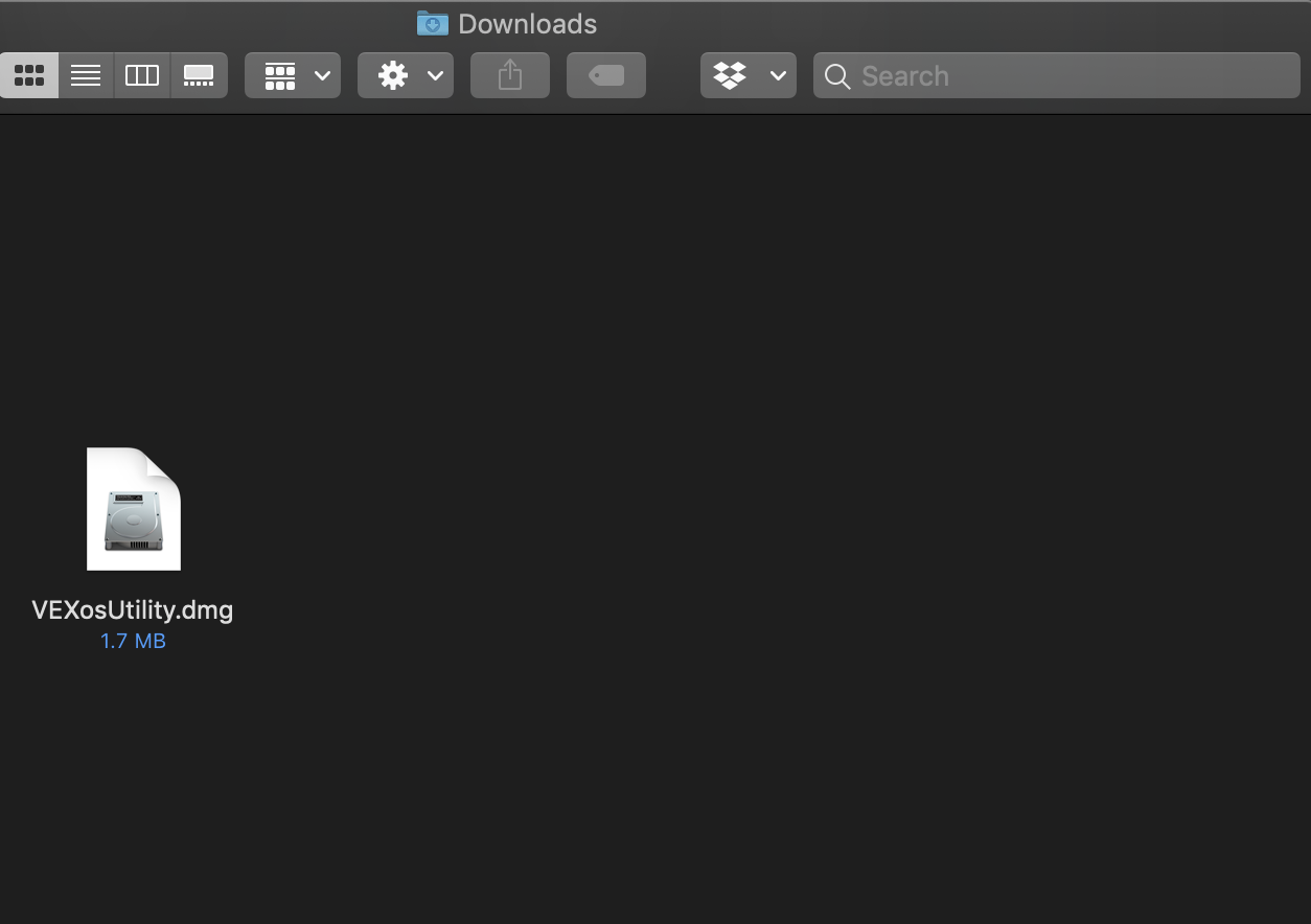 VEXos Utility-schijfkopiebestand zoals weergegeven in Finder nadat u het voor Mac hebt gedownload.