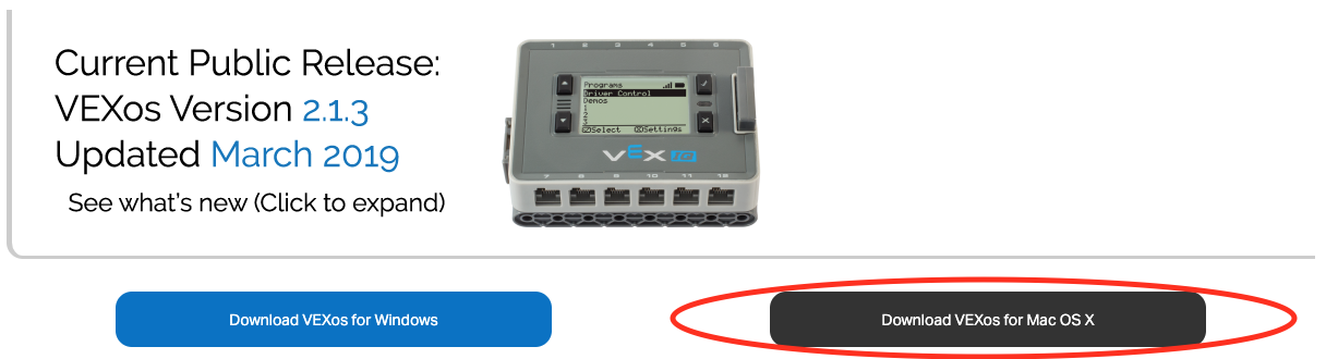 Opzioni di download di VEXos Utility IQ per le piattaforme Windows e Mac. L'opzione Scarica per Mac OS X è evidenziata.