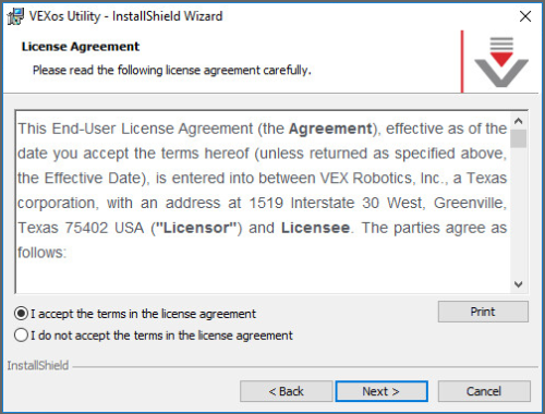 Das Fenster des VEXos Utility Setup Wizards mit der Meldung „Bitte lesen Sie die folgende Lizenzvereinbarung sorgfältig durch“ wird angezeigt. Im unteren Bereich ist die Schaltfläche „Weiter“ hervorgehoben.
