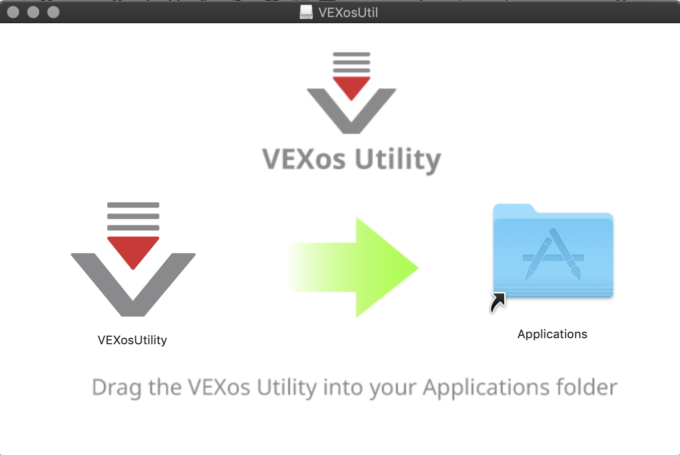 VEXos-apuohjelman asennusnäyttö, jossa näkyy VEXos-apuohjelman kuvake Ohjelmat-kansion kuvakkeen vieressä. Alla oleva teksti kuuluu Vedä VEXos-apuohjelma Ohjelmat-kansioon.