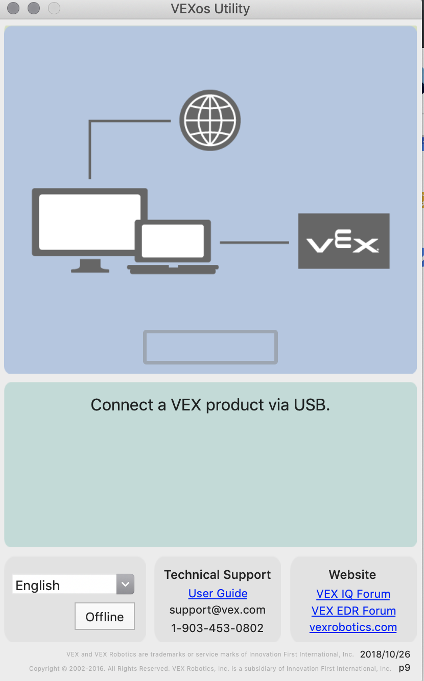 macOS 기기에 VEXos Utility를 설치하고 열었습니다.