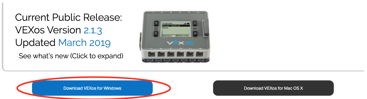 Tùy chọn tải xuống VEXos Utility IQ cho nền tảng Windows và Mac. Tùy chọn Tải xuống cho Windows được đánh dấu.