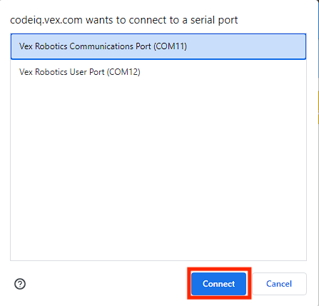 Finestra di connessione del browser con la voce Porta di comunicazione Vex Robotics selezionata. Il pulsante Connetti qui sotto è evidenziato.