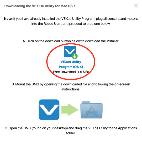 Instalační obrazovka nástroje VEX OS Utility pro Mac OS X s pokyny pro snadnou instalaci. Prvním krokem je kliknout na ikonu programu VEXos Utility a stáhnout si jej. Ikona je zvýrazněna.