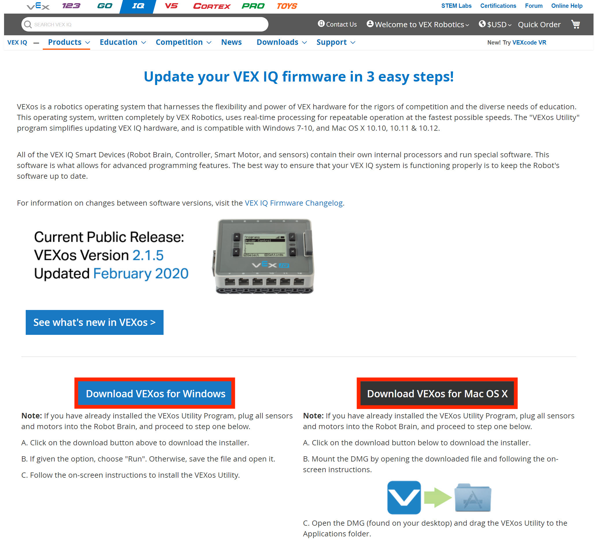 Screenshot des VEX-Bibliotheksartikels mit Links zum Herunterladen des VEXos-Firmware-Dienstprogramms.