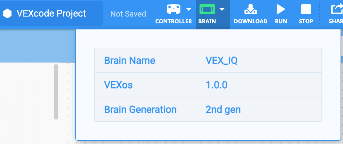 VEXcode IQ có biểu tượng Brain màu xanh lá cây trên Thanh công cụ để cho biết chương trình cơ sở của Brain đã được cập nhật. Menu thả xuống Brain đang mở và phiên bản VEXos được hiển thị mà không có nút Cập nhật bên cạnh.