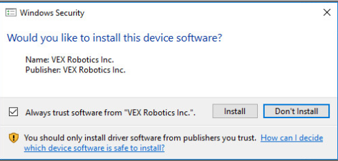 Ventana emergente de seguridad de Windows que dice ¿Desea instalar este software de dispositivo? A continuación, el usuario puede seleccionar Instalar o No instalar.