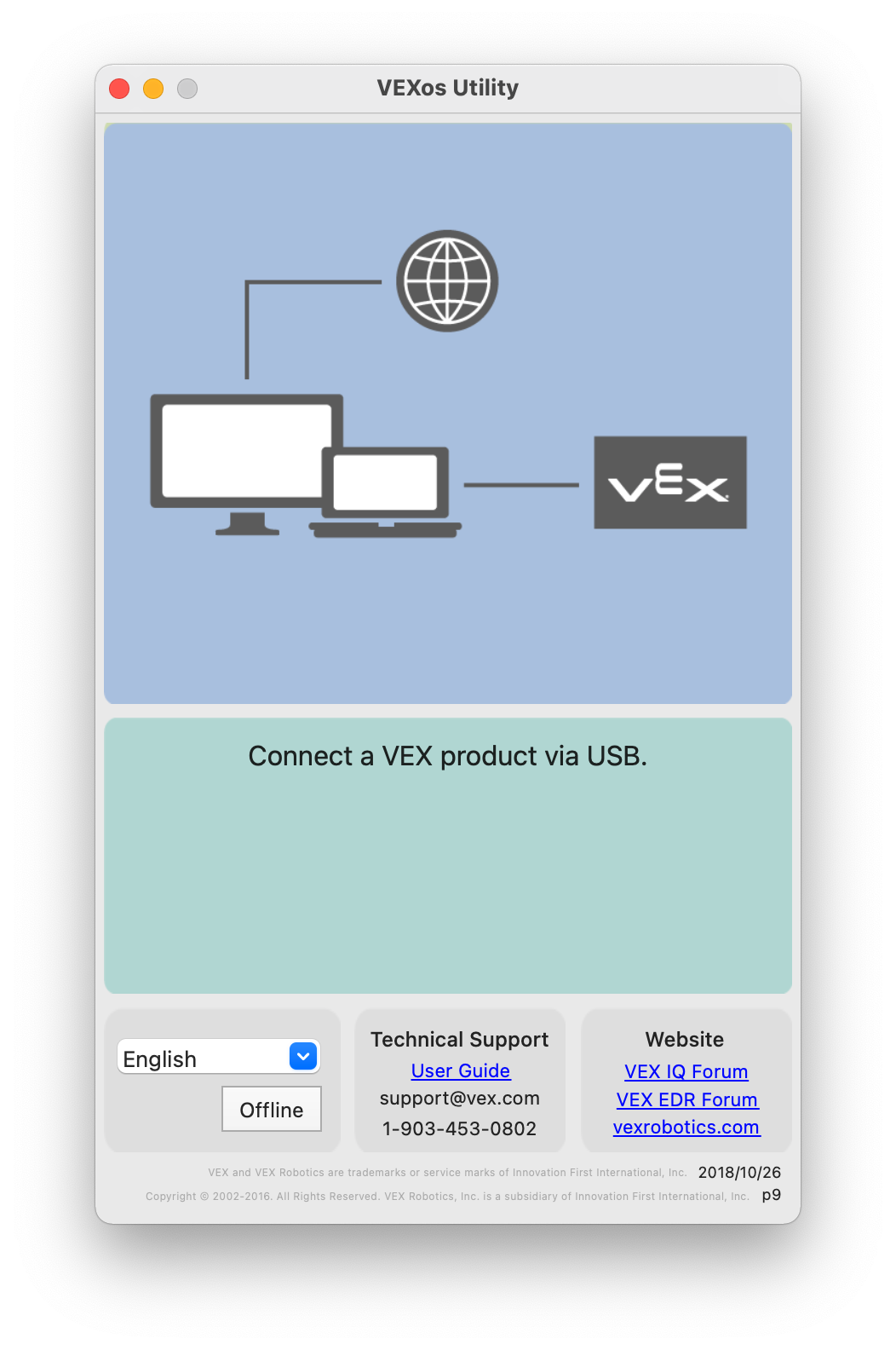 Schermafbeelding van het VEXos Utility-venster met het bericht Verbind een VEX-product via USB. In een diagram staat dat de computer verbinding moet hebben met internet en een VEX-product om de firmware van dat product te kunnen updaten.