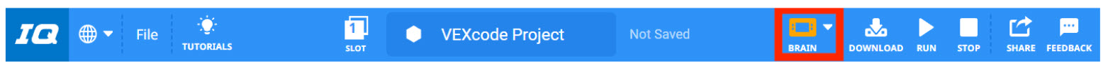 VEXcode IQ có biểu tượng Brain màu cam trên Thanh công cụ để chỉ ra rằng chương trình cơ sở của Brain đã lỗi thời.
