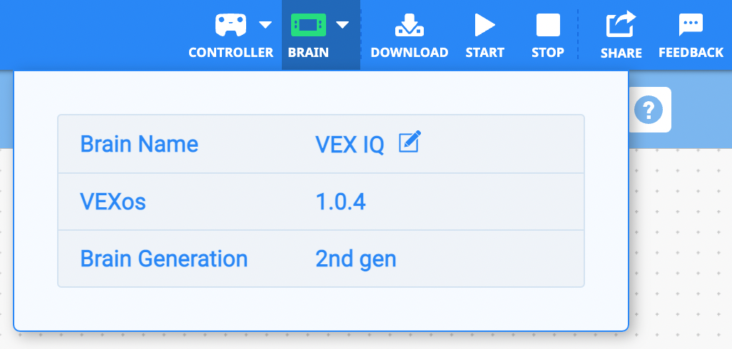 „VEXcode IQ“ su žalia smegenų piktograma įrankių juostoje, rodančia, kad smegenų programinė įranga yra atnaujinta. Atidarytas išskleidžiamasis meniu „Smegenys“ ir rodoma „VEXos“ versija be mygtuko „Atnaujinti“.