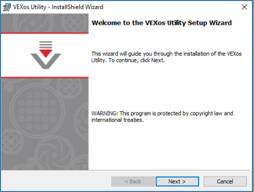 「VEXos ユーティリティ セットアップ ウィザードへようこそ」と表示される VEXos ユーティリティ セットアップ ウィザード ウィンドウ。 このウィザードは、VEXos ユーティリティのインストールをガイドします。 続行するには、「次へ」をクリックします。