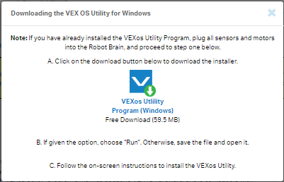 VEX OS utilītas operētājsistēmai Windows instalēšanas ekrāns ar norādījumiem vienkāršai instalēšanai. Pirmais solis ir noklikšķināt uz VEXos utilītprogrammas ikonas, lai to lejupielādētu.