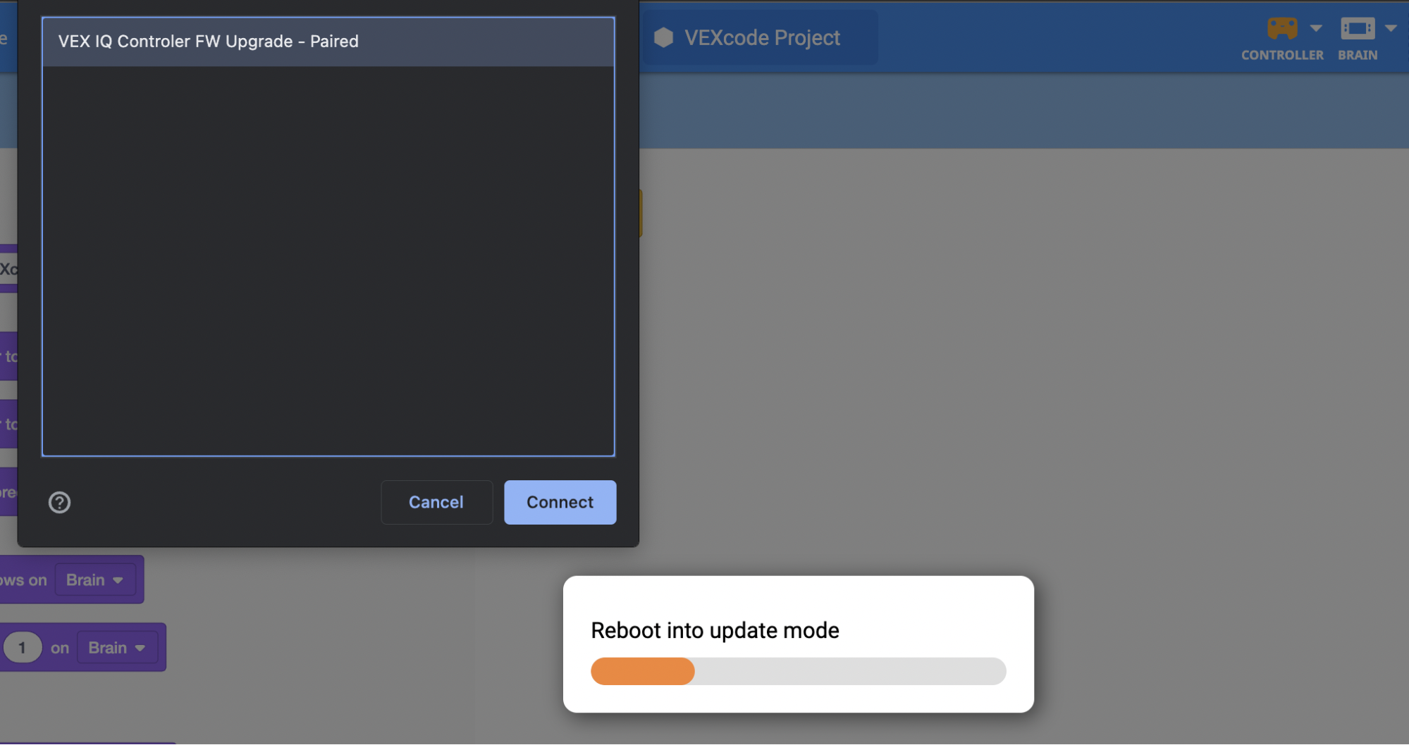 Browser-Verbindungsfenster mit einem ausgewählten Element mit dem Titel „VEX IQ Controller FW Upgrade“.