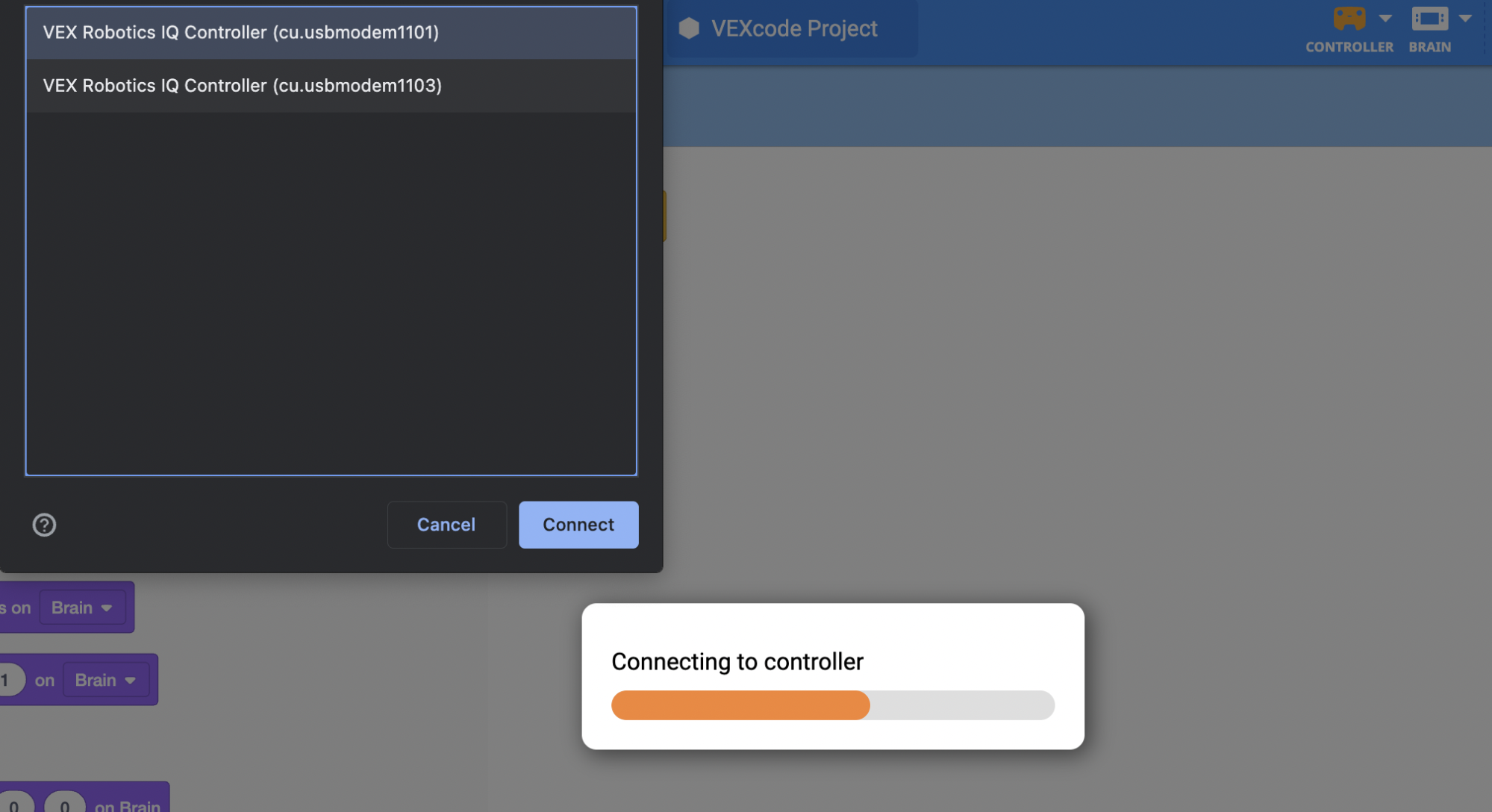 Browser-Verbindungsfenster mit zwei Einträgen namens „VEX Robotics IQ Controller“. Ein Artikel hat die ID-Nummer 1101 und der andere die ID-Nummer 1103; der Artikel mit der ID-Nummer 1101 wird ausgewählt.