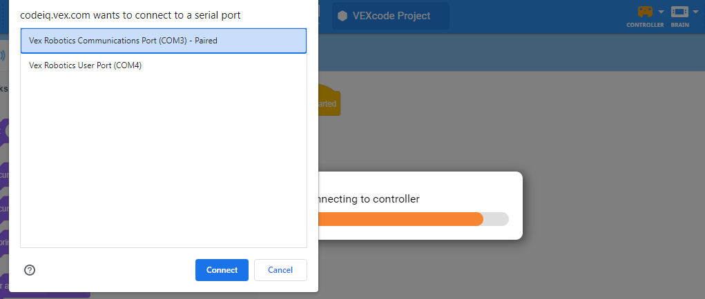 Browser-Verbindungsfenster mit zwei Elementen. Bei einem Eintrag heißt es „VEX Robotics Communications Port COM3“, beim anderen „VEX Robotics User Port COM4“. Der Eintrag mit der Bezeichnung Kommunikationsanschluss ist ausgewählt.