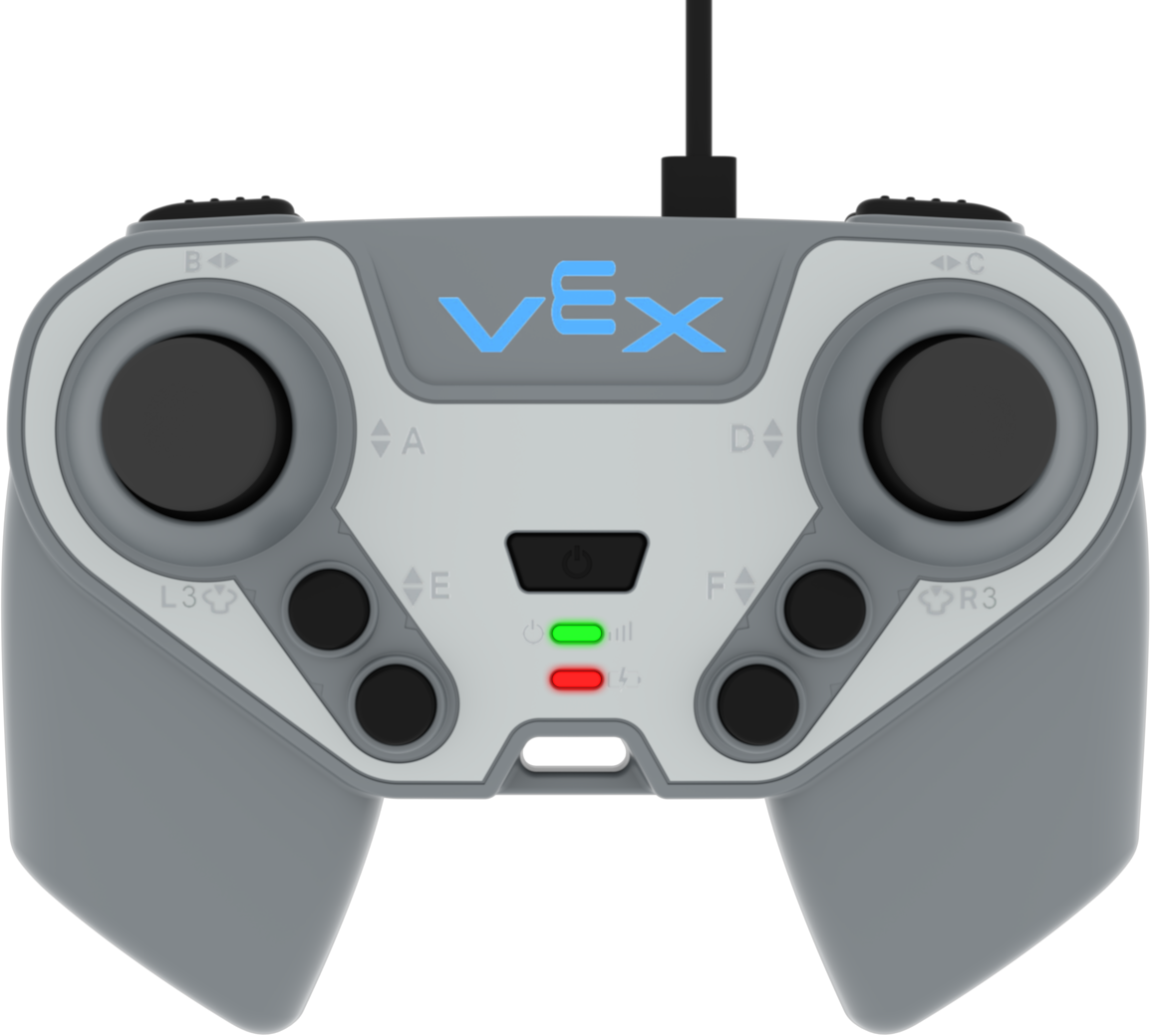 VEX IQ नियंत्रक का शीर्ष दृश्य, इसके बटन और लेआउट को प्रदर्शित करता है, जिसका उपयोग शैक्षिक सेटिंग्स में VEX IQ रोबोटिक्स को प्रोग्रामिंग और नियंत्रित करने के लिए किया जाता है।