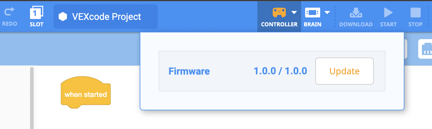 VEXcode IQ có biểu tượng Bộ điều khiển màu cam trên Thanh công cụ, cho biết chương trình cơ sở của Bộ điều khiển đã lỗi thời. Menu thả xuống Bộ điều khiển đang mở và có nút Cập nhật bên cạnh phiên bản Phần mềm cơ sở.