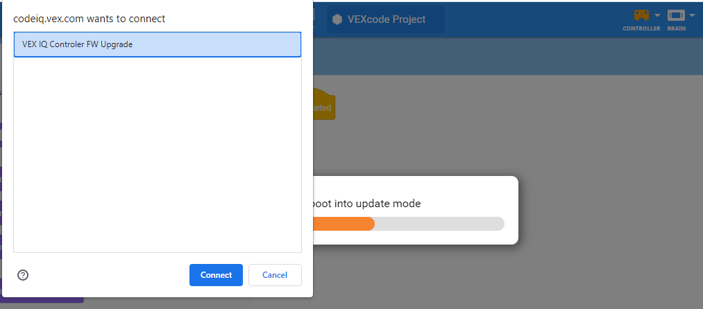Finestra di connessione del browser, con una voce selezionata denominata Aggiornamento firmware del controller VEX IQ.