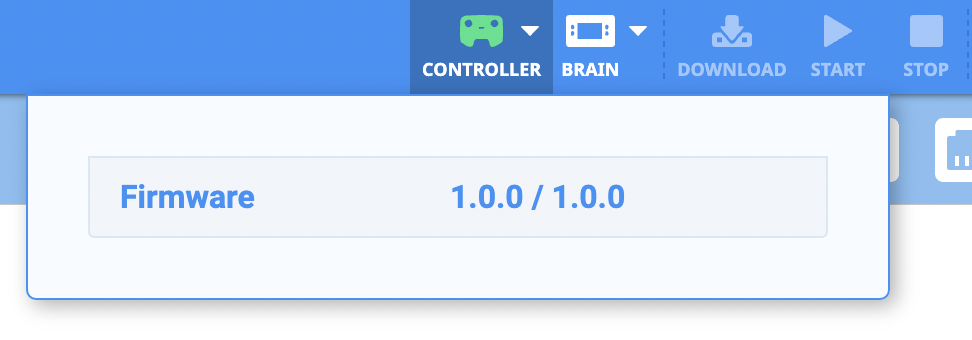 VEXcode IQ con un'icona verde del controller sulla barra degli strumenti per indicare che il firmware del controller è aggiornato.