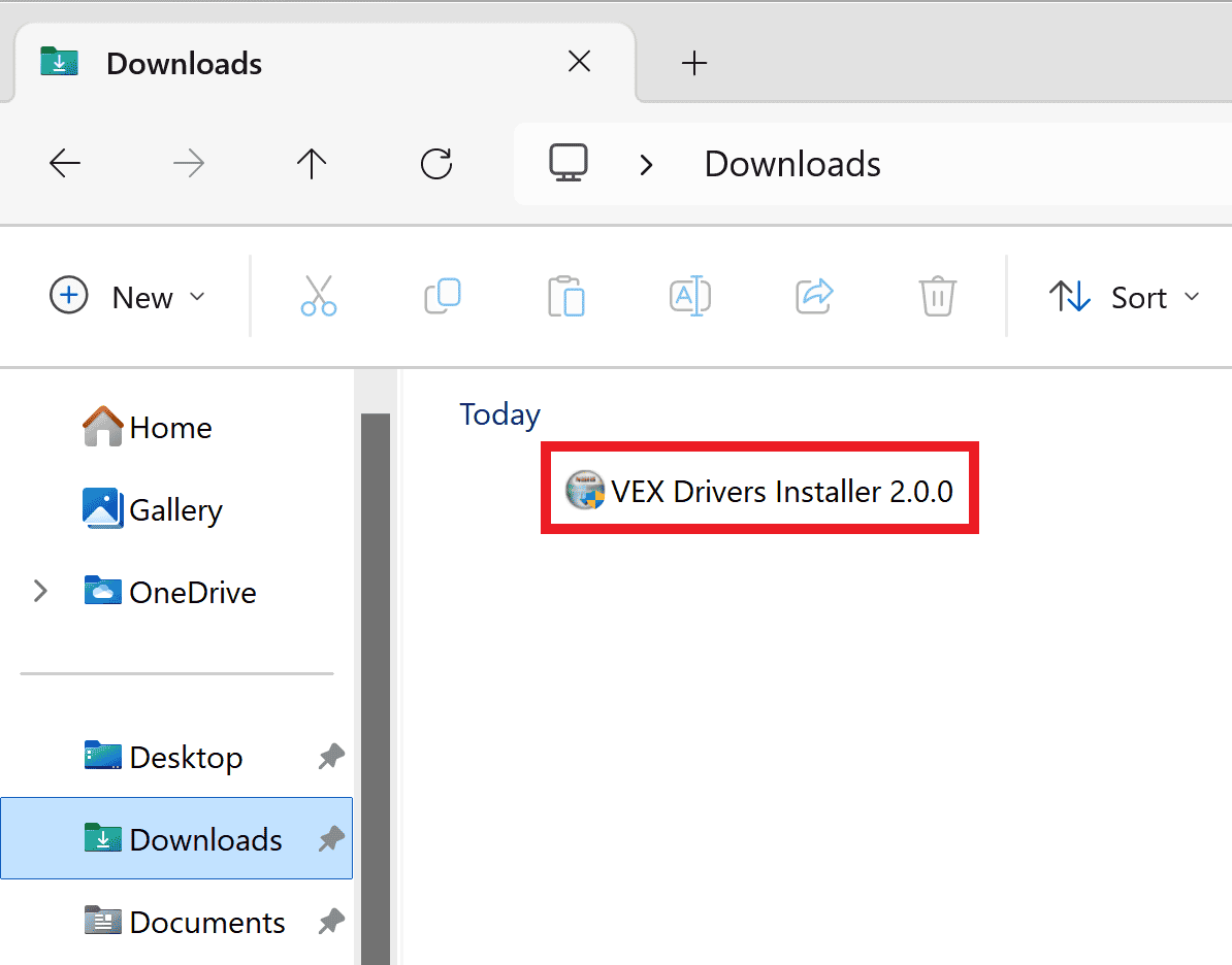 Le programme d'installation des pilotes VEX 2.0.0 téléchargé est visible dans les fichiers de l'appareil et est mis en surbrillance.
