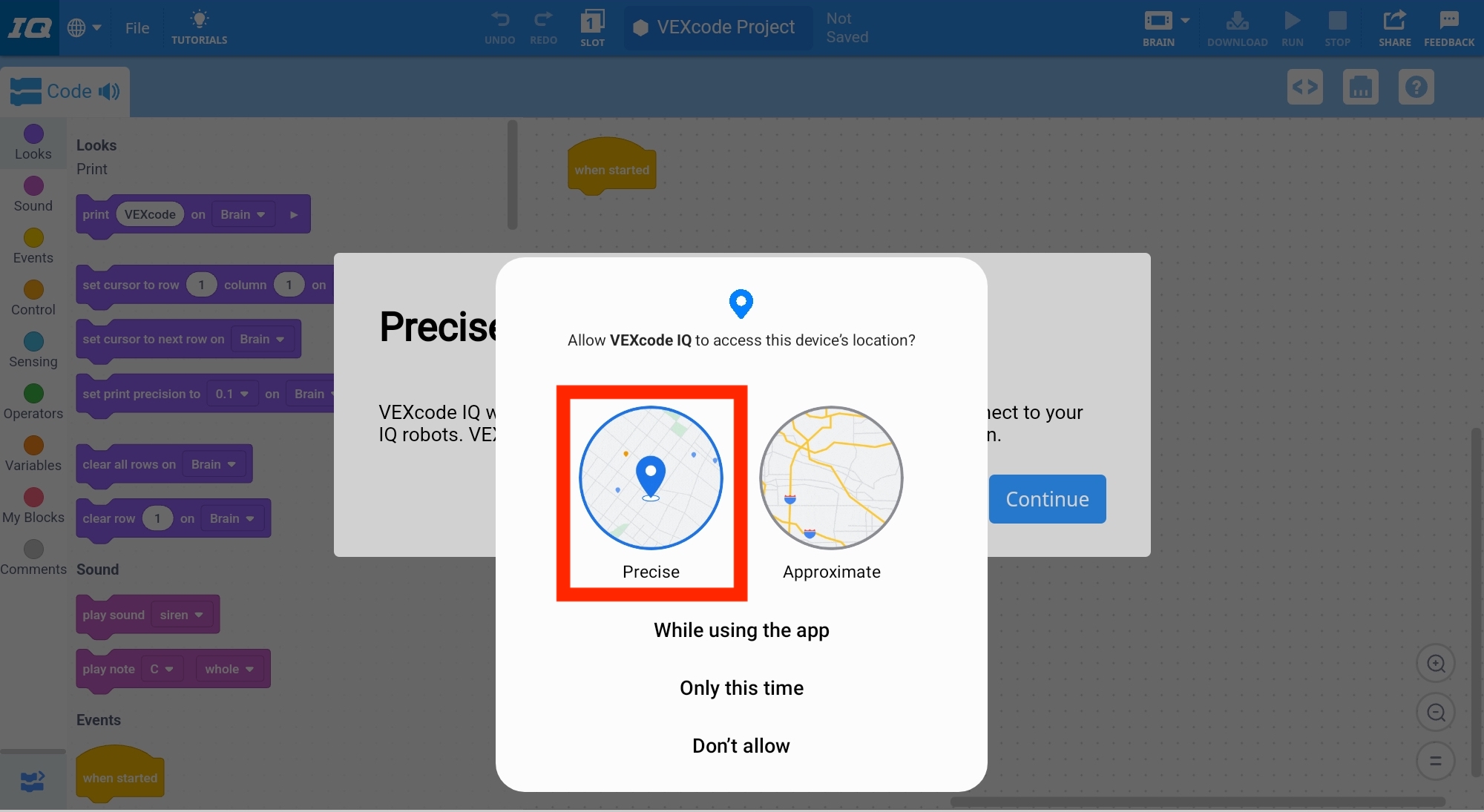 Message d'autorisation de localisation provenant de l'appareil Android : « Autoriser VEXcode IQ à accéder à la localisation de cet appareil ? » L'option Précise est mise en évidence.