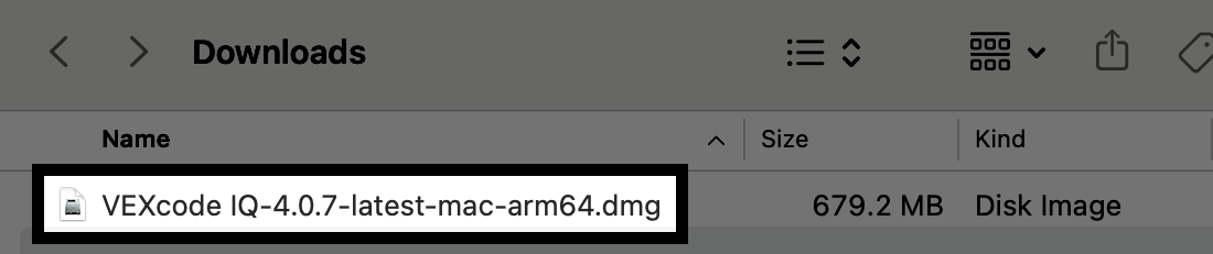 Penginstal VEXcode IQ seperti yang ditunjukkan di Finder setelah mengunduhnya untuk Mac.