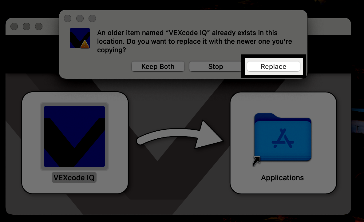 インストール プロセスを開始した後にポップアップ警告が表示される VEXcode IQ インストール画面。 警告には、「VEXcode IQ という名前の古いアイテムがこの場所に既に存在します。」と表示されます。 コピー元の新しいものに置き換えますか? 下の「置換」ボタンが強調表示されています。